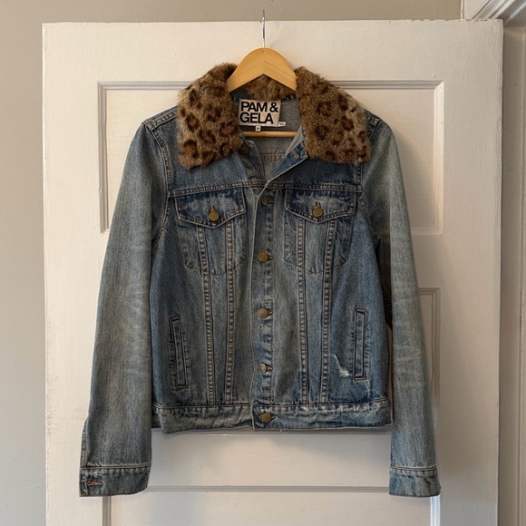 Pam & Gela Jackets & Blazers - Pam & Gela 2010s Denim Jacket with Removable Leopard Print Rabbit Collar